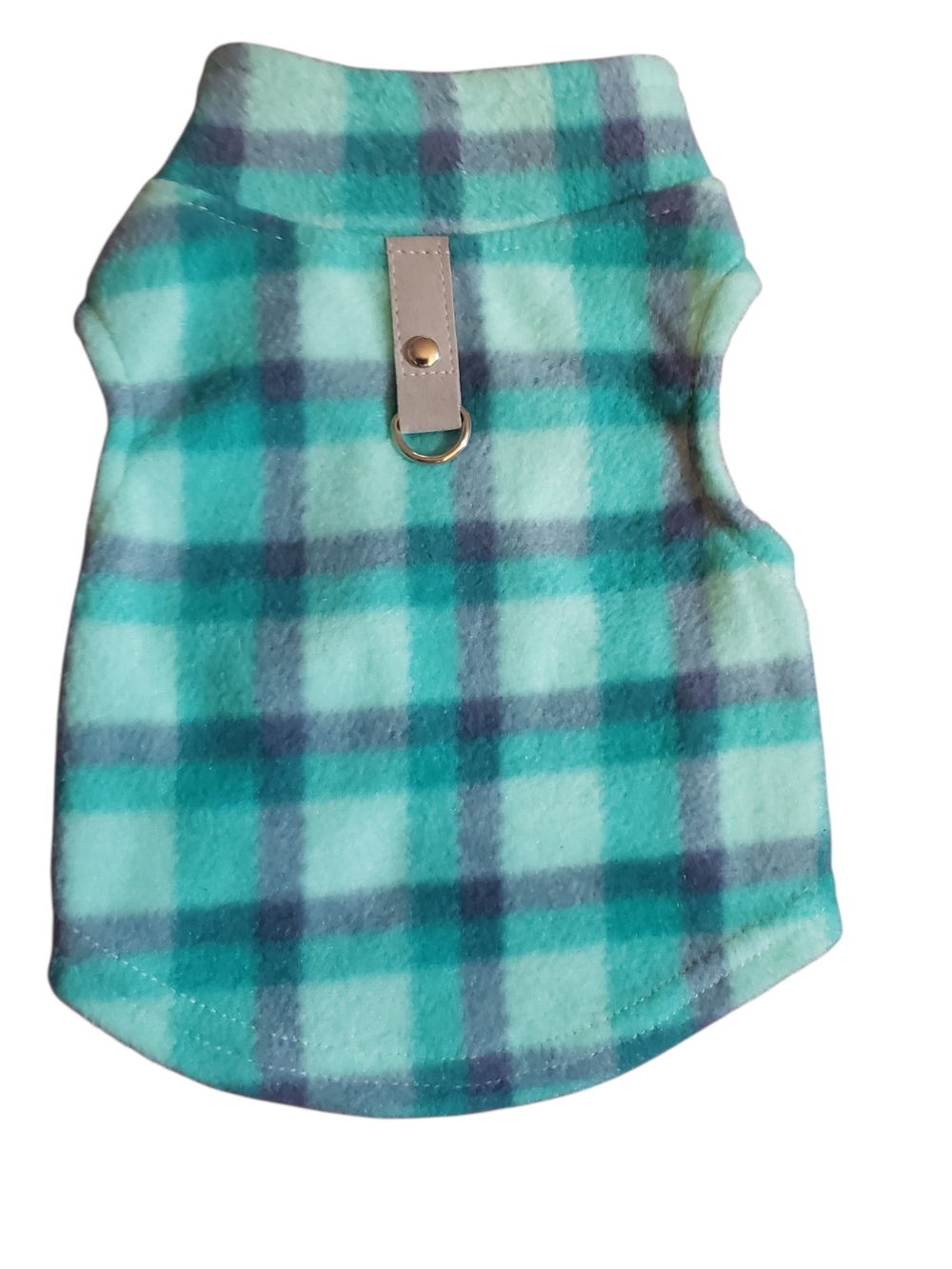 Pet dog/cat small teal plaid fleece  best/t-short with D-Ring. New